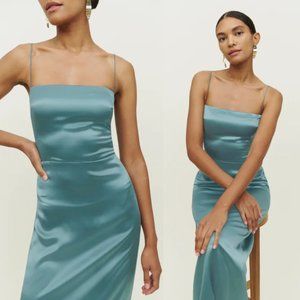 Reformation Frankie Sleeveless Maxi Silk Dress Verdigris Center Back Slit 2P